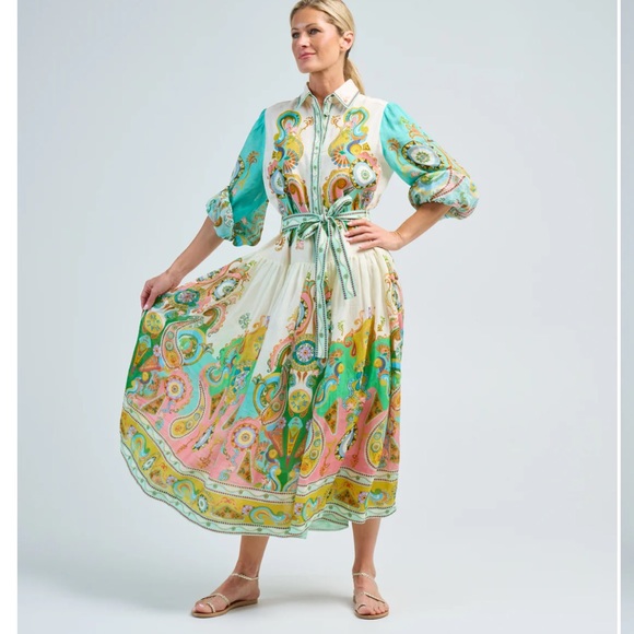 NWT ALÉMAIS Pinball Linen Paisley Print Belted MIDI Dress Sz 0 - Picture 3 of 16